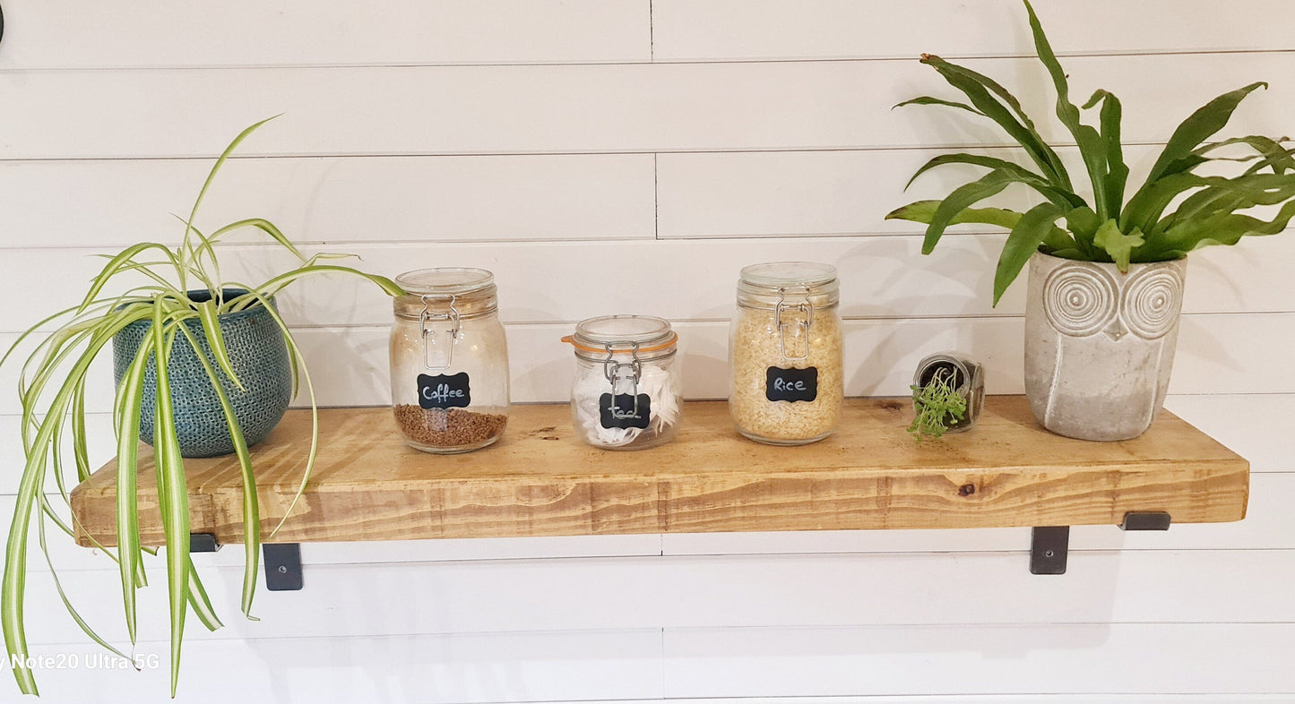 Rustic Wooden Shelf with industrial style downward brackets