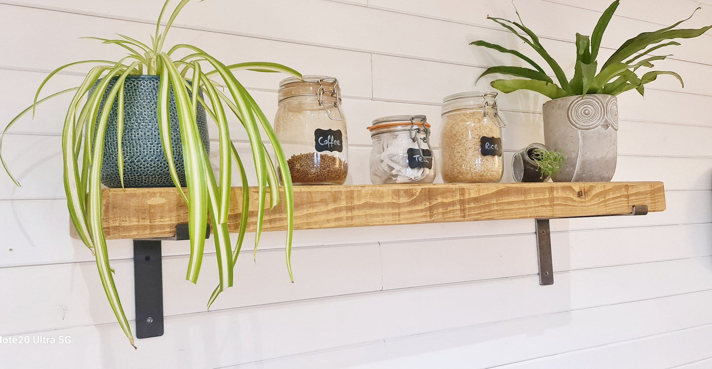 Rustic Wooden Shelf with industrial style downward brackets