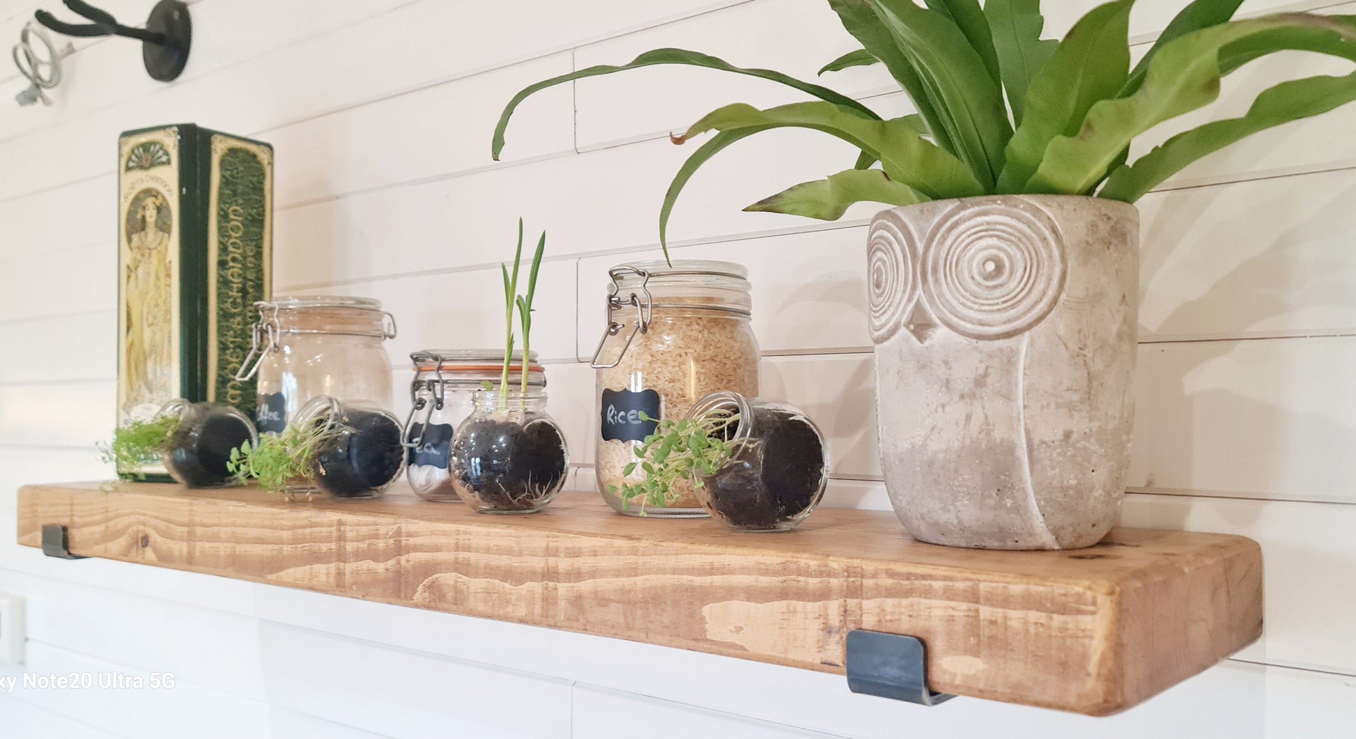 Rustic Wooden Shelf with industrial style upward brackets