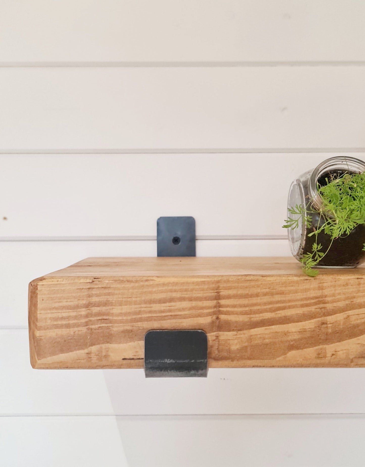 Rustic Wooden Shelf with industrial style upward brackets