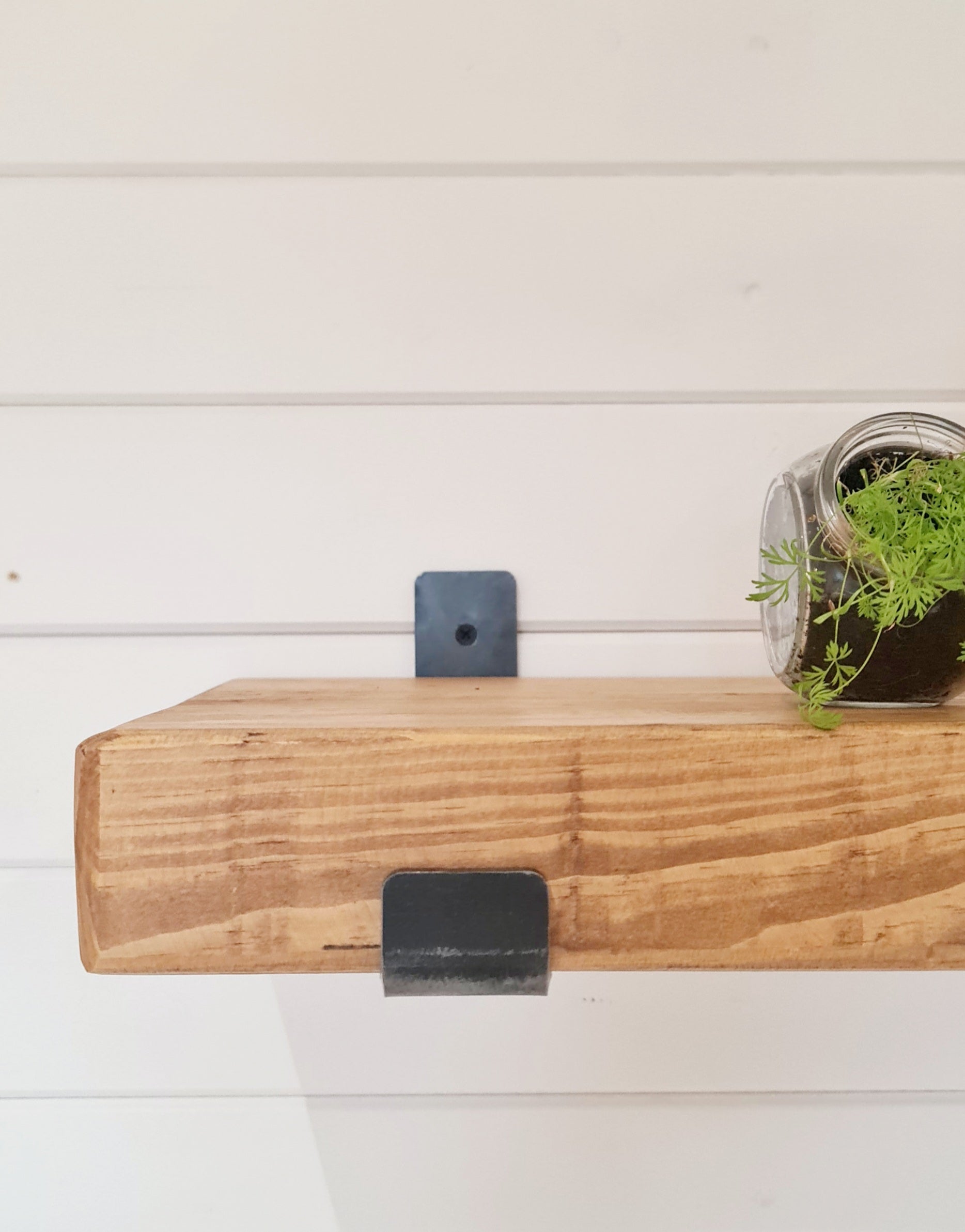 Rustic Wooden Shelf with industrial style upward brackets