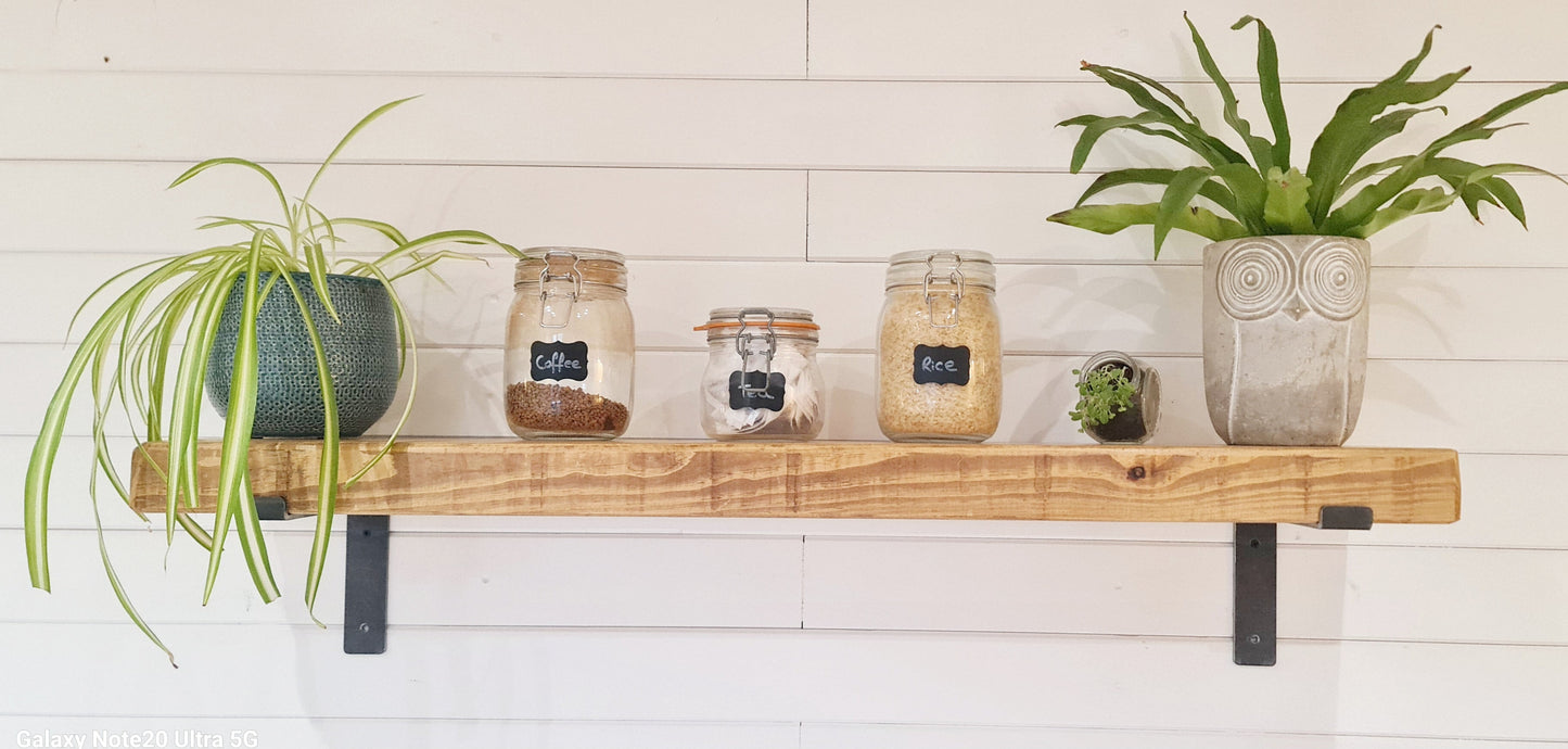 Rustic Wooden Shelf with industrial style downward brackets 