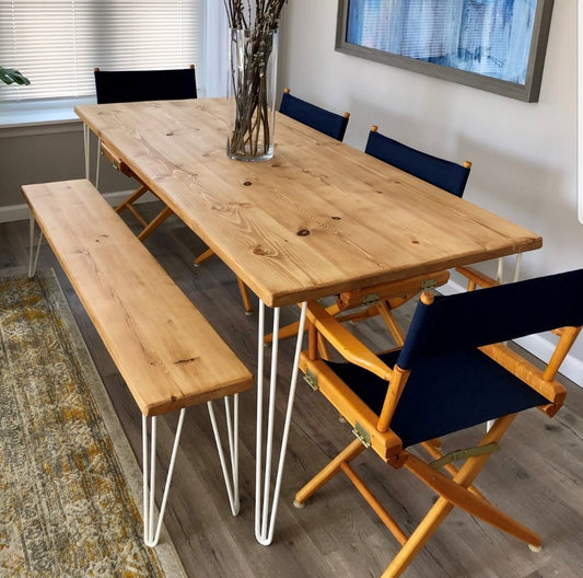 Handmade Douglas Fir dining table with steel hairpin legs, custom made in Galway, Ireland