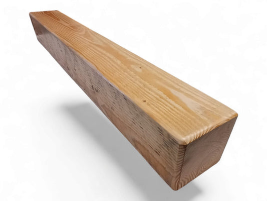 Handmade floating fireplace mantel with natural wax finish, solid Douglas Fir, made in Galway, Ireland