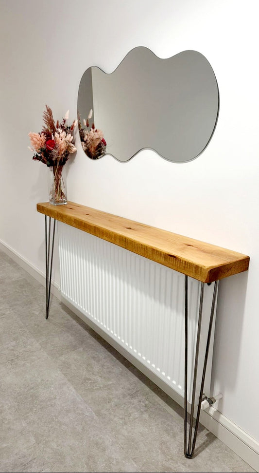 Handmade rustic console table with hairpin legs, solid timber hallway table made in Galway, Ireland