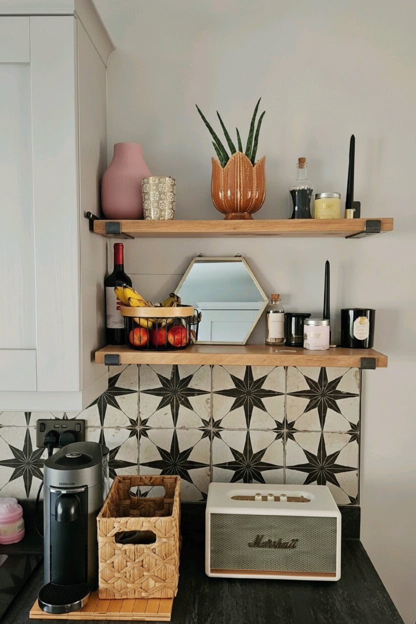 Handmade rustic floating farmhouse shelf with up brackets, solid timber, made in Galway, Ireland