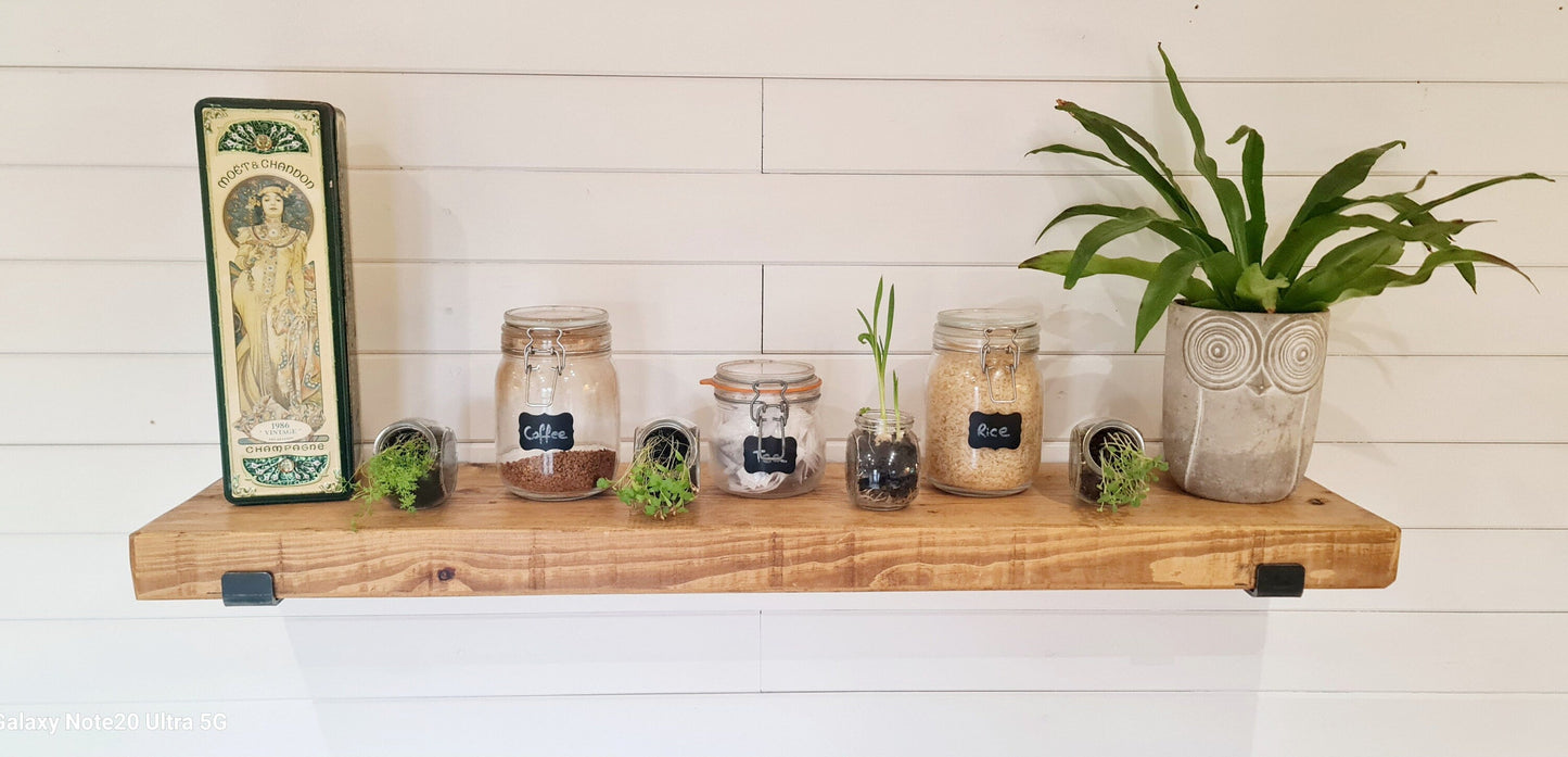 Rustic Wooden Shelf with industrial style upward brackets