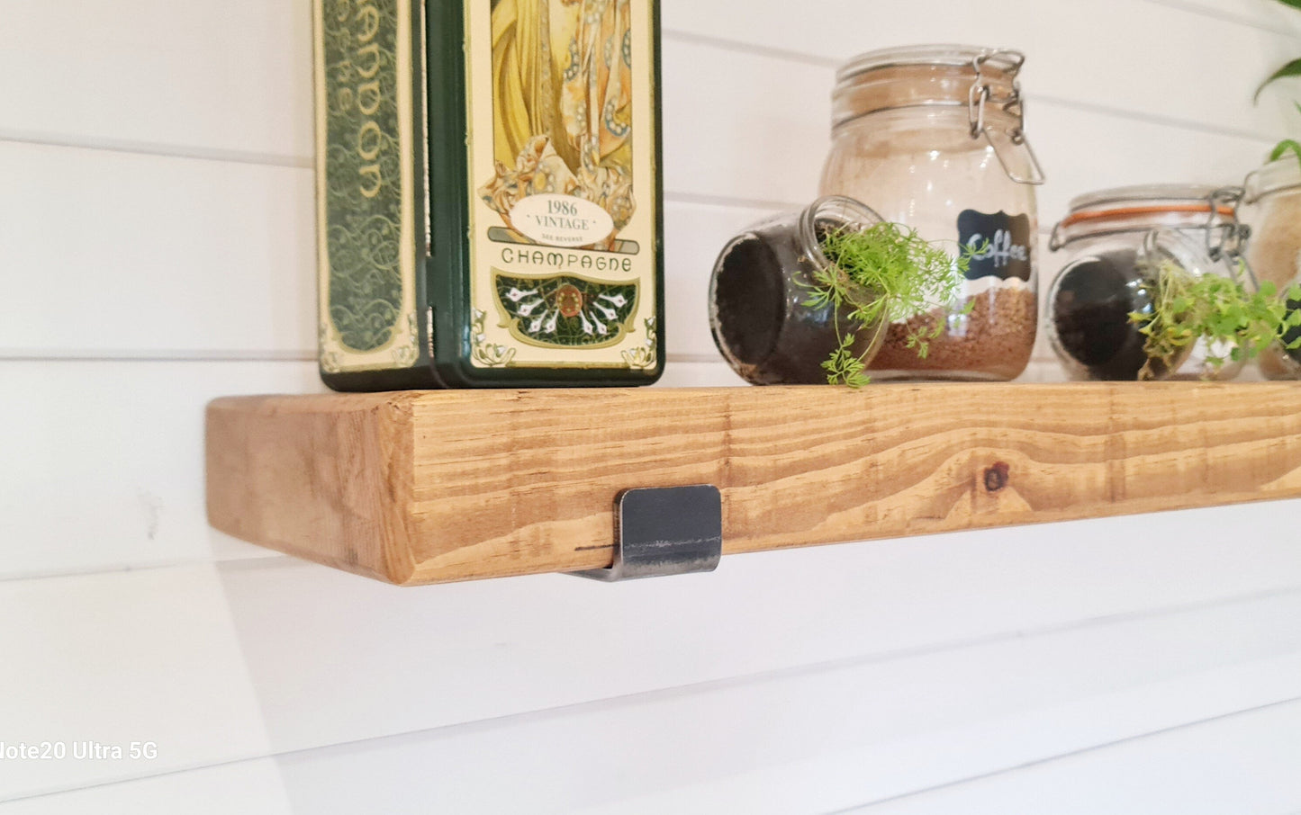 Rustic Wooden Shelf with industrial style upward brackets