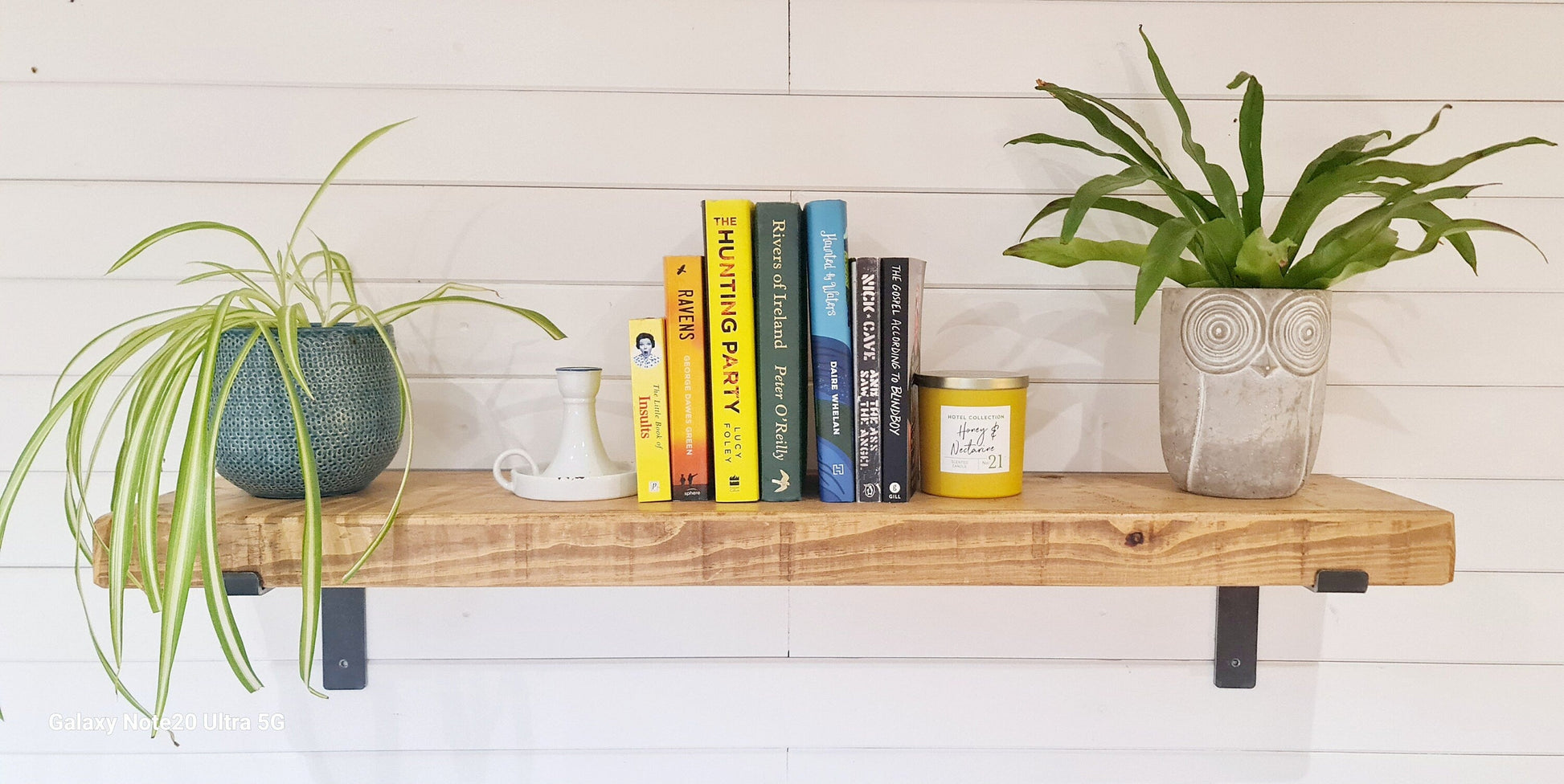 Rustic Wooden Shelf with industrial style downward brackets 