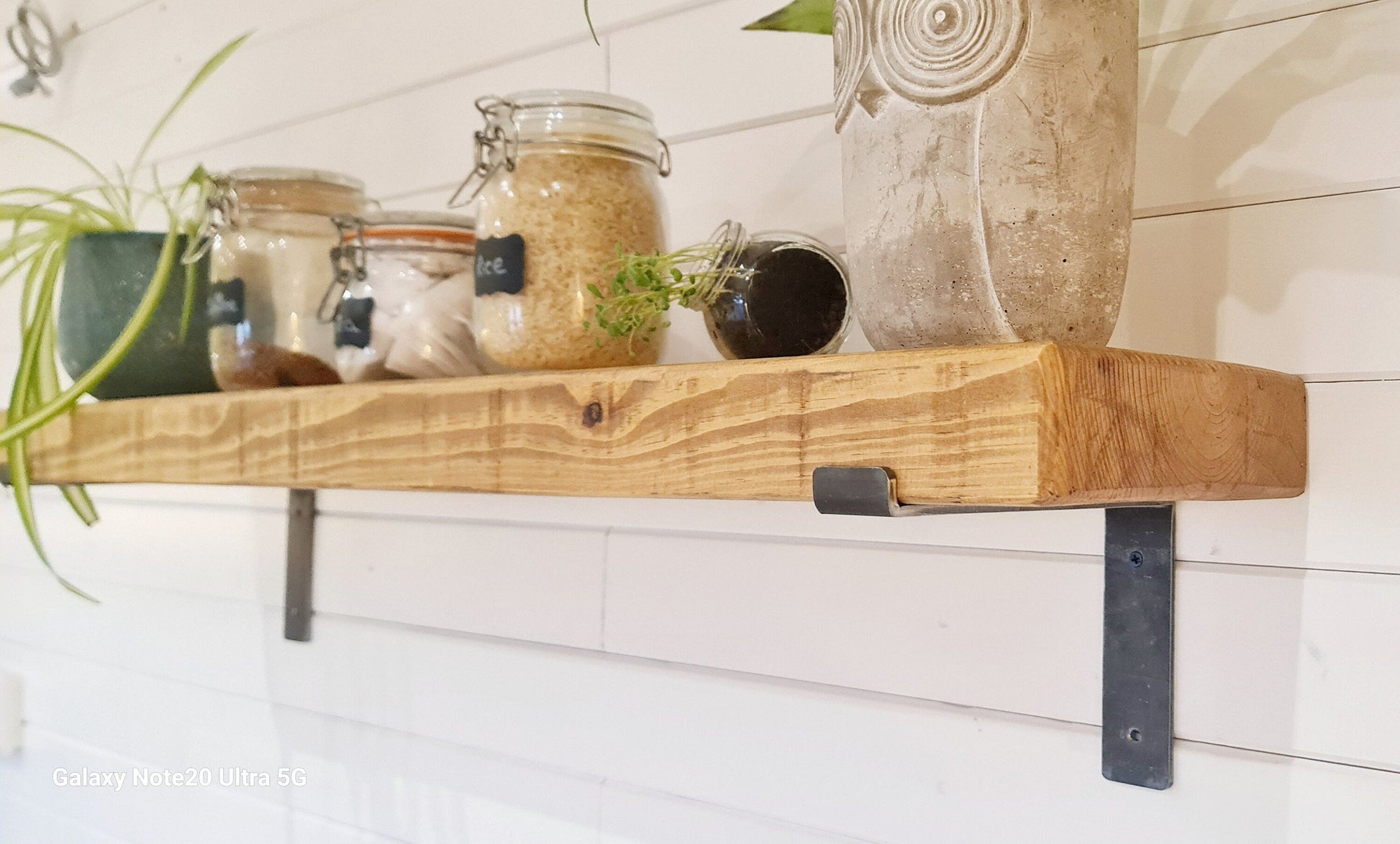 Rustic Wooden Shelf with industrial style downward brackets 